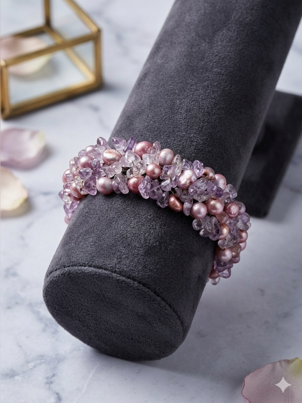 A&C Oslo Arts & Crafts Norway Vintage Amethyst & Pearl Wire Wrap Cuff Bracelet